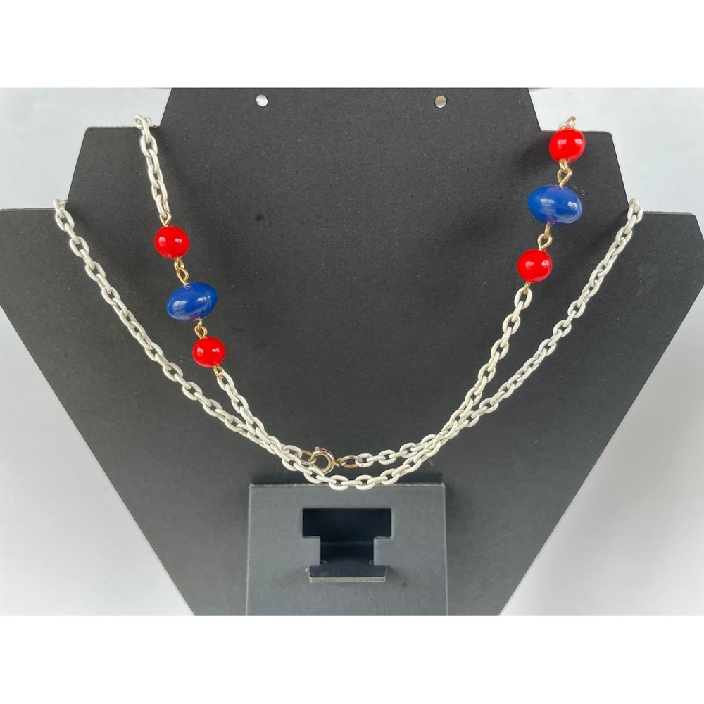 Vintage 1980 57" Nautical Red Blue Glass Bead Station Necklace Silver Tone Chain - Picture 4 of 4